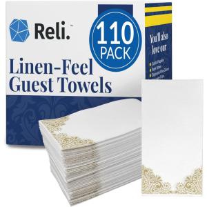 Reli. Bathroom Napkins Guest Disposable (110 Pack) Gold Design Linen-Feel Guest Towels 12″ x 15.75″ | Cloth-Like Restroom Napkins | Paper Hand Towels for Bathroom, Kitchen, Dinner | Absorbent
