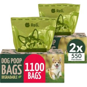 Reli. Biodegradable Dog Poop Bags (1100 Pack, 2 Large Rolls) | 9″x13″ Large Poop Bags for Dogs | Unscented, Leak Proof Oxobiodegradable Pet Waste Clean Up | Green Eco-Friendly | Dispenser Box