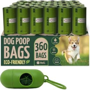 Reli. Biodegradable Dog Poop Bags w/Holder (360 Count – 24 Rolls) | 9×13″ Large Dog Bags for Poop w/Dispenser | Green Eco-Friendly | Oxobiodegradable Pet Waste Disposal Refills (Unscented)(1 Count (Pack of 360))