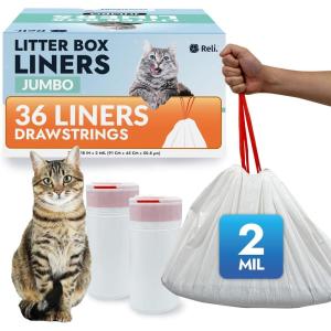 Reli. Cat Litter Box Liners (36 Count), Jumbo | Drawstring Litter Box Liner | Heavy Duty for Cat Pan, Pet Waste | Kitty Poop Bags, Drawstring Handles (White)(1 Count (Pack of 36))