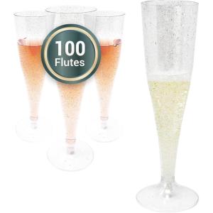 Reli. Champagne Flutes Plastic | 100 Pack | 4.5 oz – Silver Glitter | Premium Plastic Champagne Flutes | Party-Perfect for Celebrations