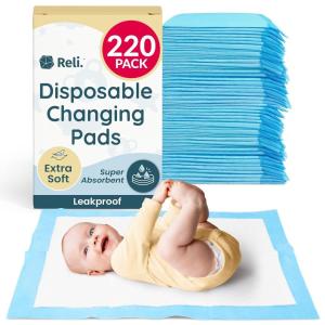 Reli. Disposable Changing Pads for Baby (220 Pack) | Disposable Diaper Changing Pads, 13″ x 18″ | Super Absorbent, Leak-Proof Liners | Waterproof, Quick Dry Underpads (Blue/White)