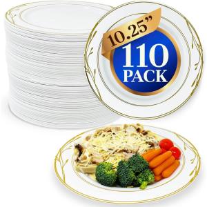 Reli. Disposable Plastic Plates, White & Gold Rim (110 Pcs, 10.25″) | Hard Plastic Dinner Plate | Elegant, Heavy Duty Disposable Round Platters for Party, Wedding, Event, Christmas (Gold Trim)