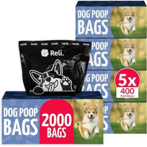 Reli. Dog Poop Bags (2000 Pack, 5 Large Rolls) | 9″x13″ Large Poop Bags for Dogs | Unscented, Leak Proof for Doggie/Pet Waste Clean Up | Black | Dispenser Box | Bulk
