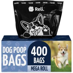 Reli. Dog Poop Bags (400 Bags – Large Single Roll) | Dispenser Box | 9×13″ Large Doggie Poo Sack | Use for Yard Pickup | Bulk Single Roll | Unscented, Leak Proof (Black)