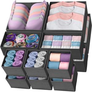 Reli. Drawer Organizer Clothes (14 Pack) | Dresser Organizer for Clothing | Drawer Bins for Bras, Nursery, Baby Clothes, Underwear, Socks | Foldable Fabric Dresser Storage Dividers (Gray)