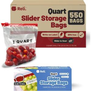 Reli. Slider Quart Storage Bags (550 Count) 8×7 inch, Quart Slider Bags, Food Storage | 1Qt Size, Write on Label | Bulk Clear w/Red Closure for Snacks, Lunch, Meal Prep