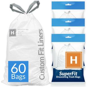 Reli. SuperFit Code H (60 Count) | Compatible with Simplehuman Code H | Dispenser Pack Custom Fit Liners | Drawstring Trash Bags | 30-35 Liter / 8-9 Gallon | White