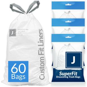 Reli. SuperFit Code J (60 Count) | Compatible with Simplehuman Code J | Dispenser Pack Custom Fit Liners | Drawstring Trash Bags | 30-45 Liter / 8-12 Gallon | White