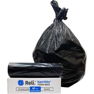 Reli. SuperValue 65 Gallon Trash Bags | 60 Count | Made in USA | Heavy Duty | Black Multi-Use Garbage Bags