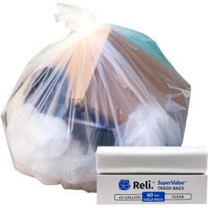 Reli. SuperValue 65 Gallon Trash Bags | 60 Count | Made in USA | Heavy Duty | Clear Multi-Use Garbage Bags