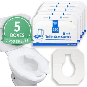 Reli. Toilet Seat Covers (1250 Pcs, 5 Packs of 250) | Disposable Toilet Seat Cover – Flushable – 14×16″ (Half-Fold) | Paper Liners for Restroom, Bathroom, Travel, Camping, Kids Potty Training