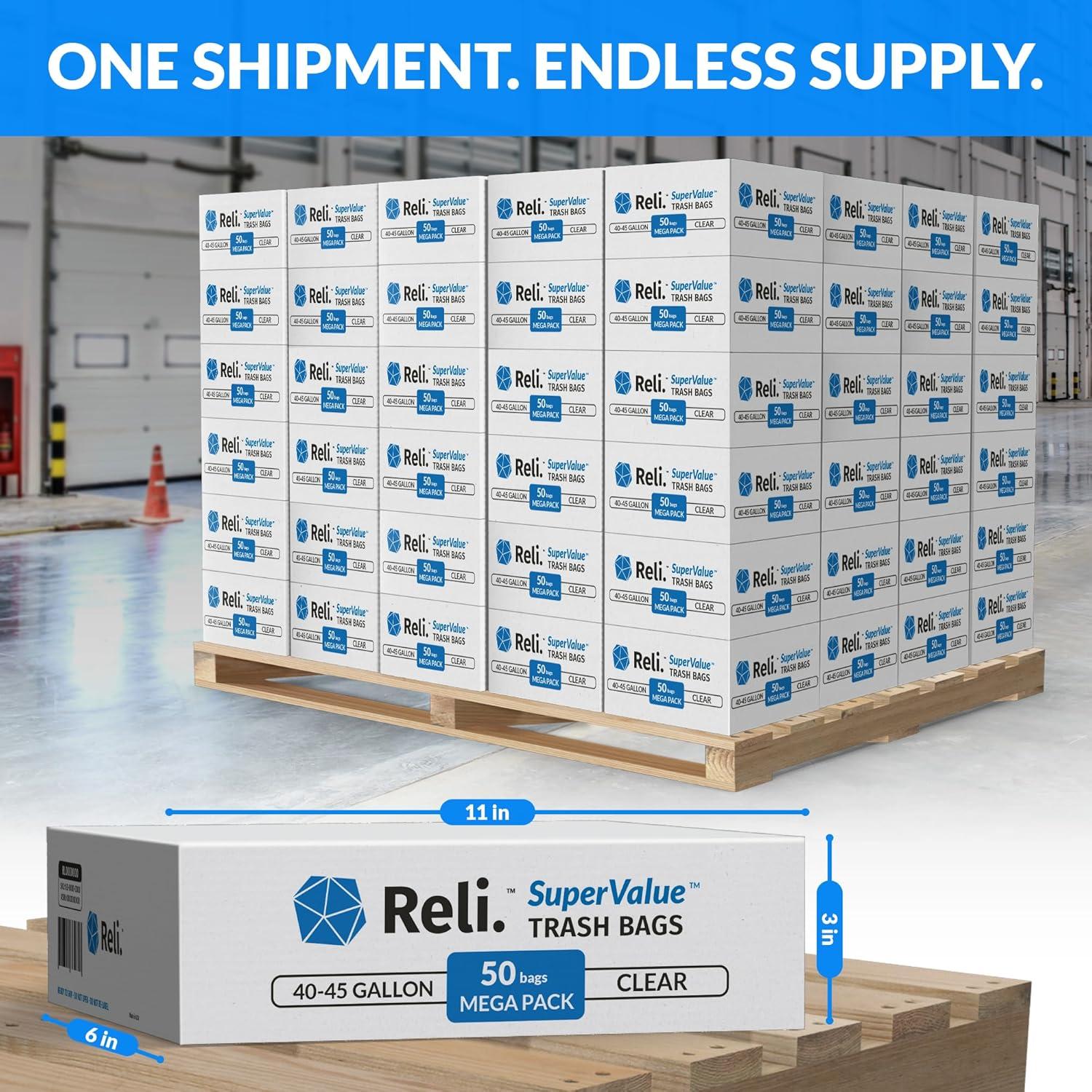 image:imageReli 40 to 45 Gallon Trash Bags Heavy Duty 8000 Total 50 BagsCase 160 CasesPallet Made in USA Clear