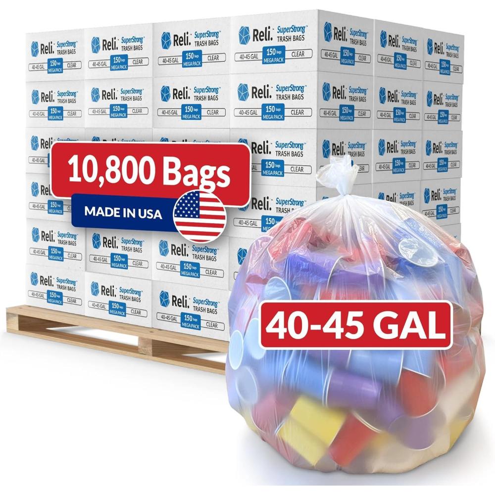image:imageReli 40 to 45 Gallon Trash Bags Heavy Duty 10800 Total 150 BagsCase 72 CasesPallet Made in USA Clear