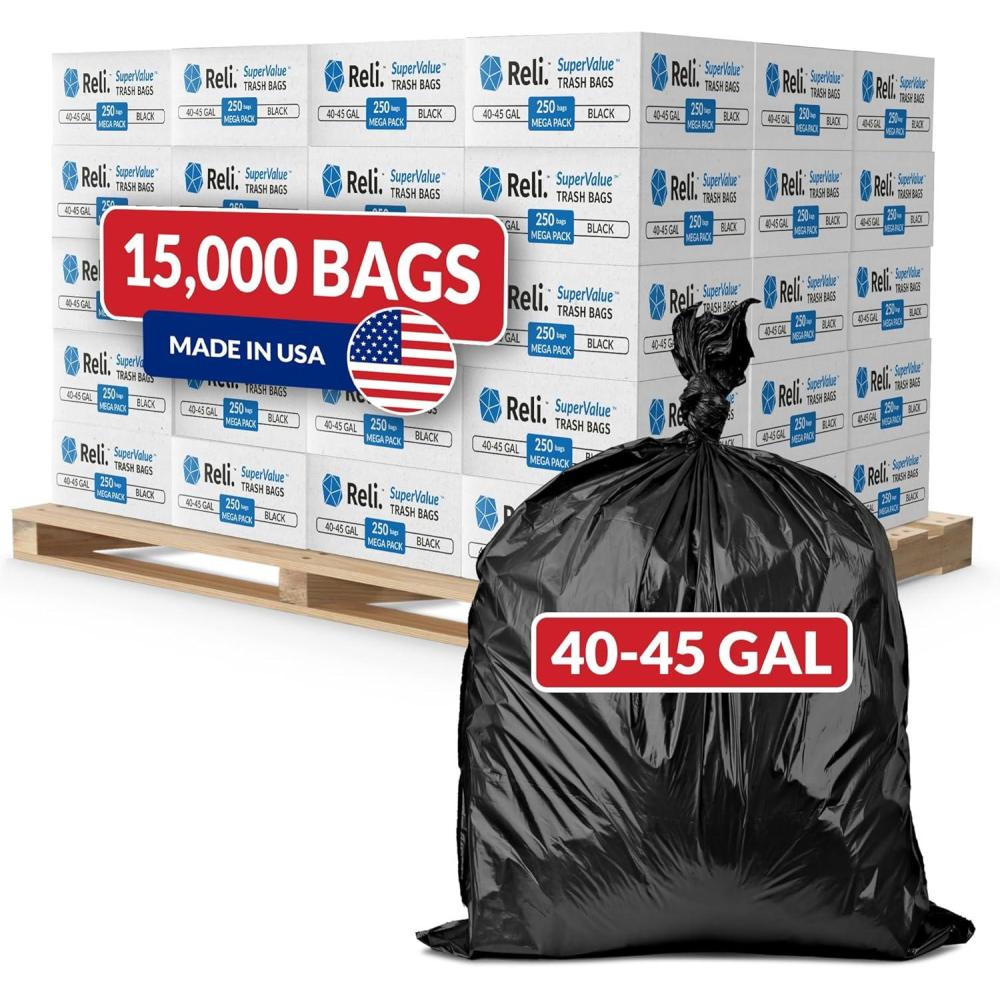 image:imageReli 40 to 45 Gallon Trash Bags Heavy Duty 15000 Total 250 BagsCase 60 CasesPallet Made in USA Black