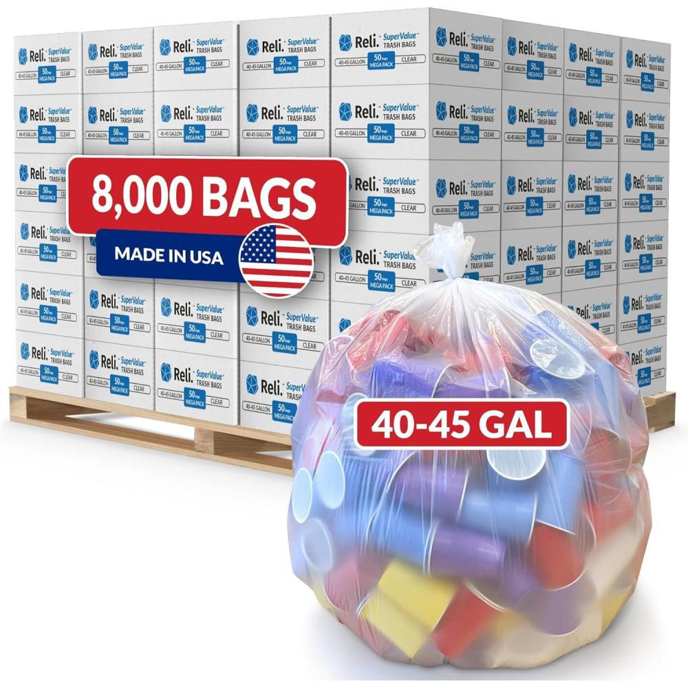 image:imageReli 40 to 45 Gallon Trash Bags Heavy Duty 8000 Total 50 BagsCase 160 CasesPallet Made in USA Clear