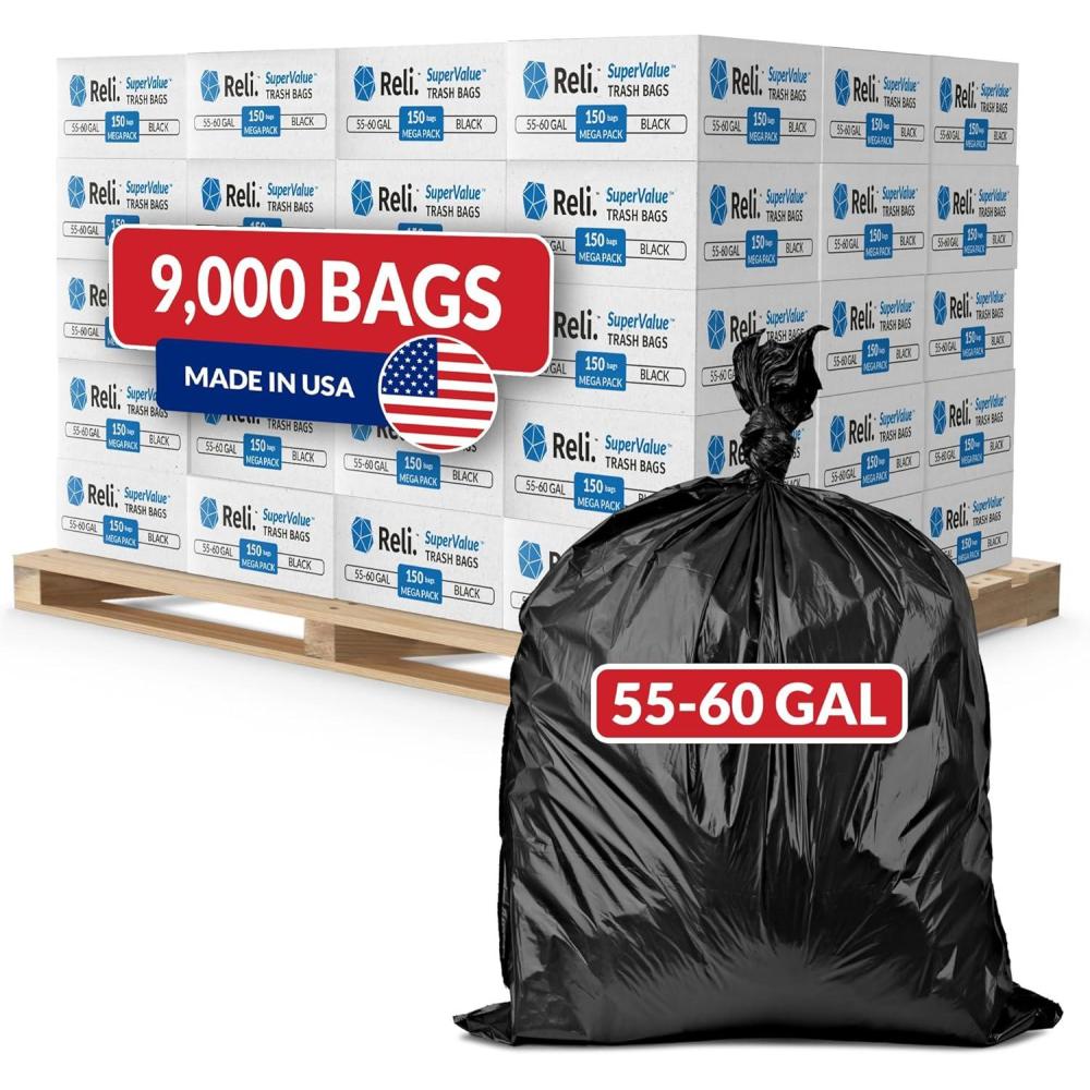 image:imageReli 5560 Gallon Trash Bags Heavy Duty 9000 Total 150 BagsCase 60 CasesPallet Made in USA Black