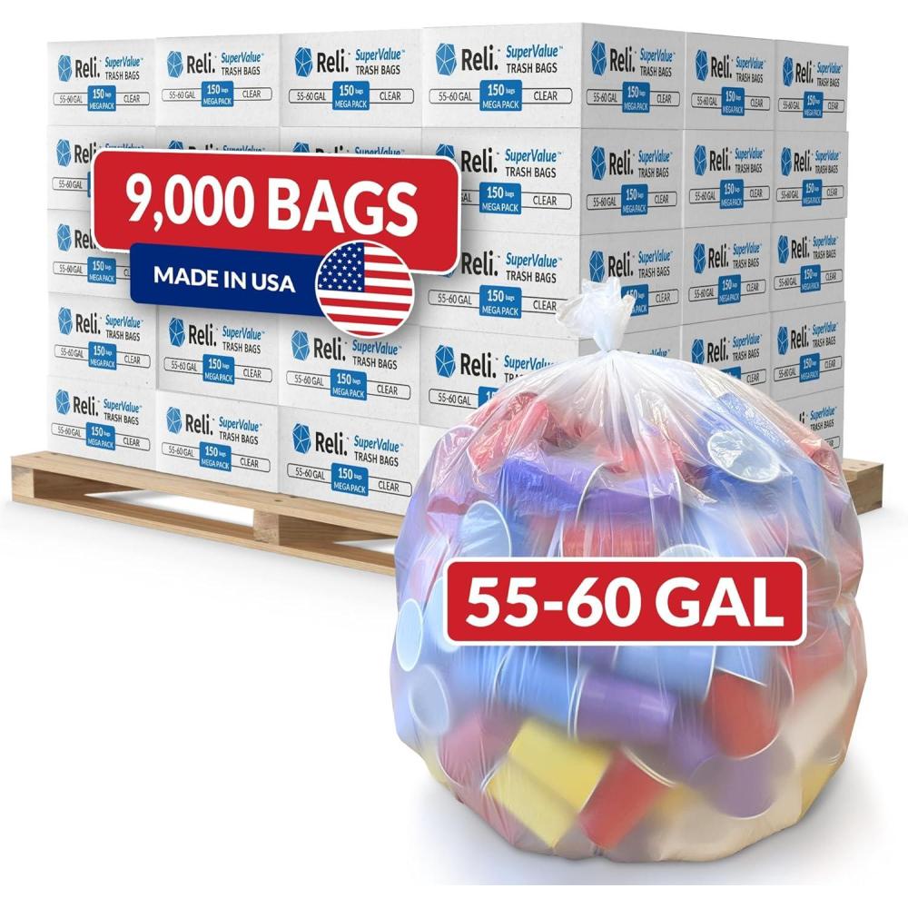 image:imageReli 5560 Gallon Trash Bags Heavy Duty 9000 Total 150 BagsCase 60 CasesPallet Made in USA Clear