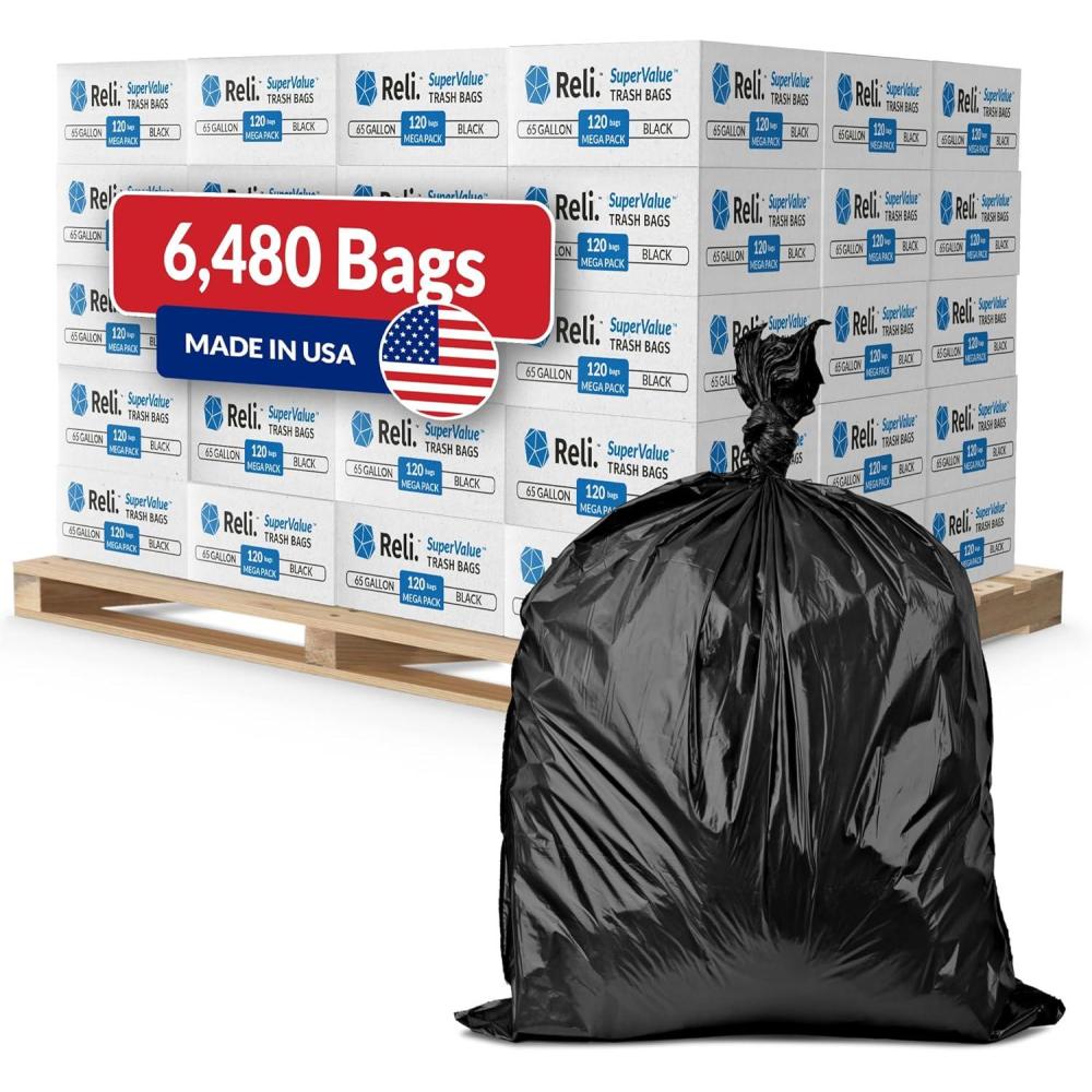 image:imageReli 65 Gallon Trash Bags Heavy Duty 6480 Total 120 BagsCase 54 CasesPallet Made in USA Black