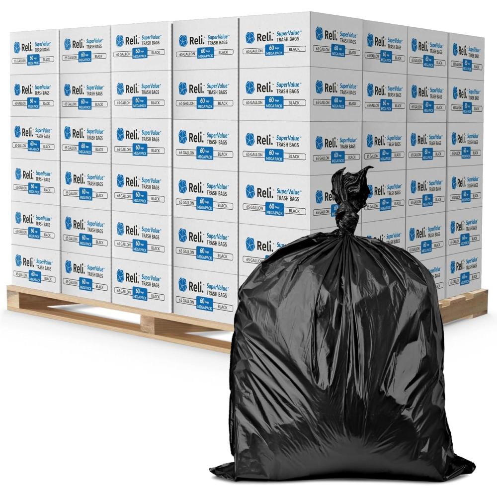 image:imageReli 65 Gallon Trash Bags Heavy Duty 6480 Total 60 BagsCase 108 CasesPallet Made in USA Black