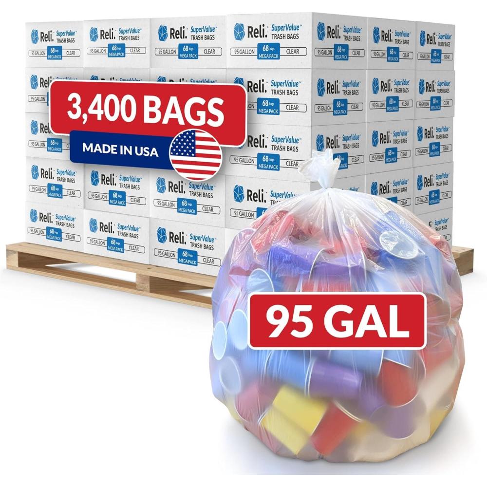 image:imageReli 95 Gallon Trash Bags Heavy Duty 3400 Total 68 BagsCase 50 CasesPallet Made in USA Clear