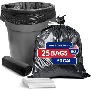 Reli. 50 Gallon Trash Bags (25 Count) | Black | Twist Ties Included | Extra Tough, Leak-Proof, Heavy Duty Garbage Bags | Ideal for Large Clean Ups