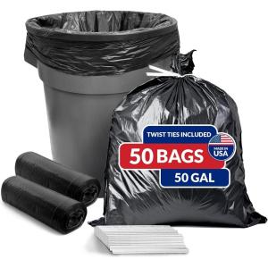 Reli. 50 Gallon Trash Bags (50 Count) | Black | Twist Ties Included | Extra Tough, Leak-Proof, Heavy Duty Garbage Bags | Ideal for Large Clean Ups