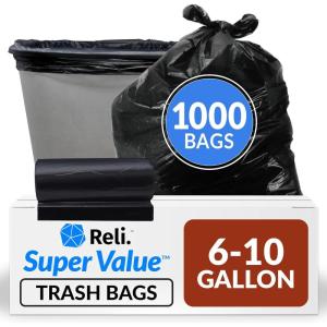 Reli. 6-10 Gallon Trash Bags | 1000 Bags | Black | Bathroom | Strong | Garbage(Black)