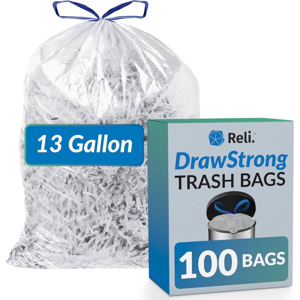 image:imageReli 13 Gallon Trash Bags Drawstring 100 Count  Tall Kitchen Garbage Bags Unscented  Ideal for Kitchen Home  Clear Recycling Can Liners wDrawstring