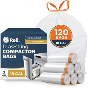 Reli. 18 Gallon Trash Compactor Bags (120 Pack) | 2 Mil Heavy Duty | Compatible with Kitchenaid, Whirpool, GE 15 Inch Compactors | No Slip Drawstring Kitchen Trash Bags | Leak-Proof & Tear Resistant