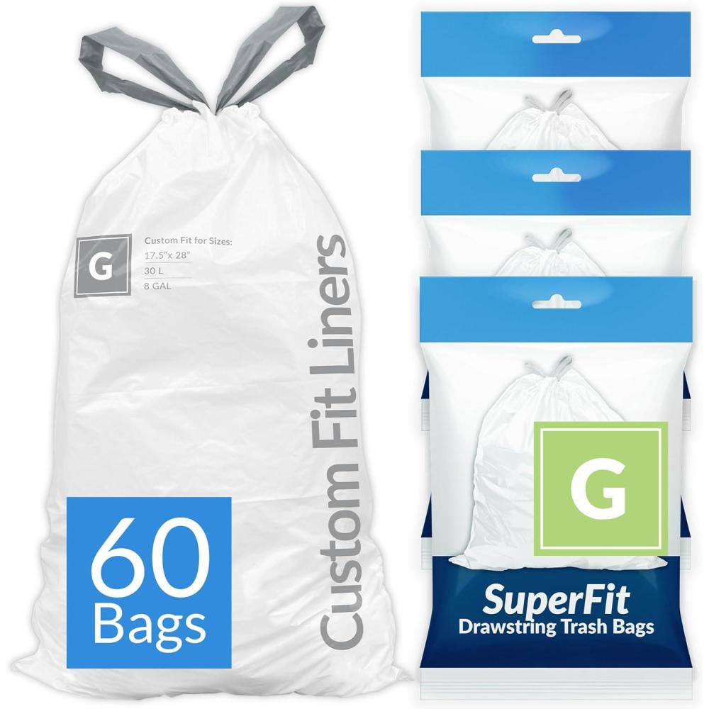 image:imageReli SuperFit Code G 60 Count Compatible with Simplehuman Code G Dispenser Pack Custom Fit Liners Drawstring Trash Bags 30 Liter 8 Gallon White