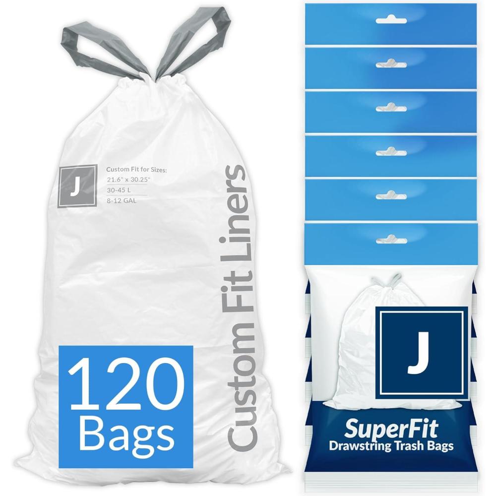 image:imageReli SuperFit Code J 120 Count  Compatible with Simplehuman Code J  Dispenser Pack Custom Fit Liners  Drawstring Trash Bags  3045 Liter  812 Gallon  White