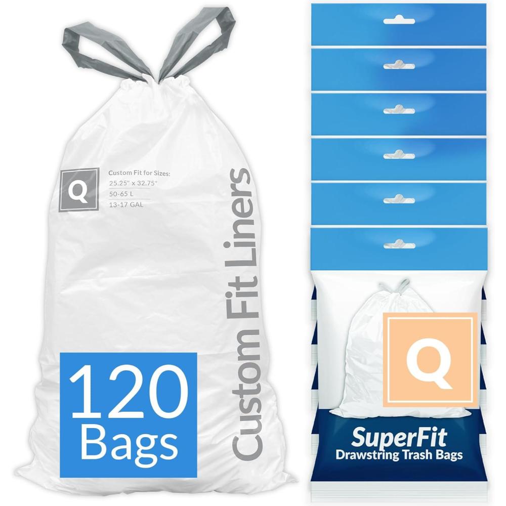 image:imageReli SuperFit Code Q 120 Count Compatible with Simplehuman Code Q Dispenser Pack Custom Fit Liners Drawstring Trash Bags 5065 Liter 1317 Gallon White