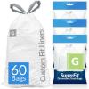 Reli. SuperFit Code G (60 Count) | Compatible with Simplehuman Code G | Dispenser Pack Custom Fit Liners | Drawstring Trash Bags | 30 Liter / 8 Gallon | White