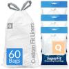 Reli. SuperFit Code Q (60 Count) | Compatible with Simplehuman Code Q | Dispenser Pack Custom Fit Liners | Drawstring Trash Bags | 50-65 Liter / 13-17 Gallon | White