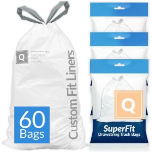 Reli. SuperFit Code Q (60 Count) | Compatible with Simplehuman Code Q | Dispenser Pack Custom Fit Liners | Drawstring Trash Bags | 50-65 Liter / 13-17 Gallon | White