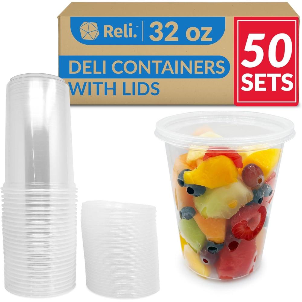 image:imageReli Deli Containers with Lids 50 Sets 32 oz Plastic Deli Containers with Lids 32oz Disposable To Go Food Storage Microwave amp Freezer Safe Clear