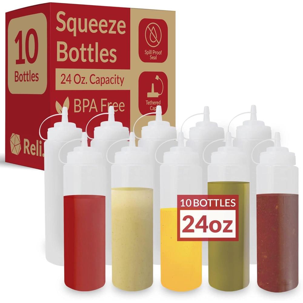 image:imageReli Plastic Squeeze Bottles 24 oz  10 Pack  Condiment Squeeze Bottles for Sauces  Clear wTethered Caps  24 Ounce Hot Sauce Ketchup  Condiments Olive Oil Liquids