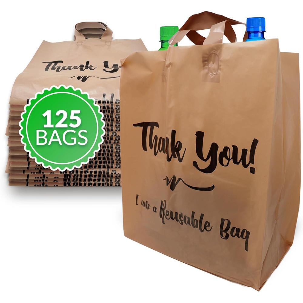 image:imageReli Reusable Thank You Bags 125 Pack 2 Mil BrownKraft Shopping Bags Plastic 12 L x 675 W x 14 H Ideal for Groceries Retail Food Take OutTo Go Small Business