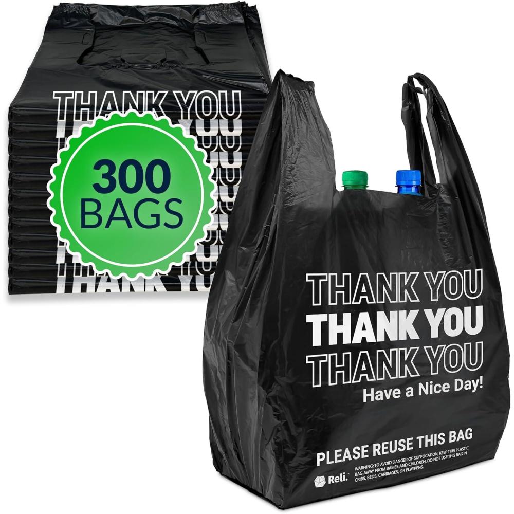 image:imageReli Thank You Plastic Bags 300 Pack 115 x 65 x 21 Black Plastic Bags with Handles Ideal for Grocery Shopping Food Take Out Restaurants Small Business