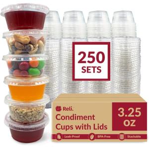Reli. 3.25 oz Small Containers with Lids (250 Sets) | Jello Shot Cups with Lids | Clear Plastic Condiment Containers | 3 oz Portion Cup | 3oz Sauce