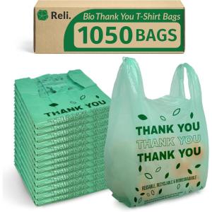 Reli. Biodegradable Thank You Bags | 1,050 Count (11.5″ x 6.5″ x 21″) | Green Plastic Bags with Handles | Ideal for Grocery, Shopping, Food Take Out, Small Business | Oxo-Biodegradable Plastic