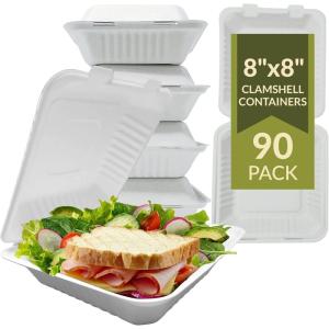 Reli. Compostable Clamshell To-Go Containers (90 Pack), 8×8 Inch | 1 Compartment | Disposable Take Out Food Containers/To Go Boxes | Biodegradable To Go Containers | Bagasse Clam shell | White 8×8