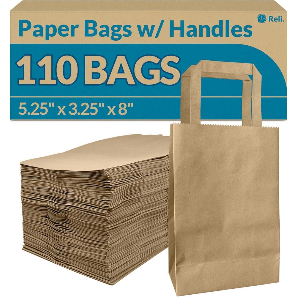 image:imageReli 525x325x8 in Small Paper Bags with Handles 110 Pack Kraft Brown Paper Bags with Flat Handles Bulk Ideal for Gifts Retail Shopping Merchandise Crafts