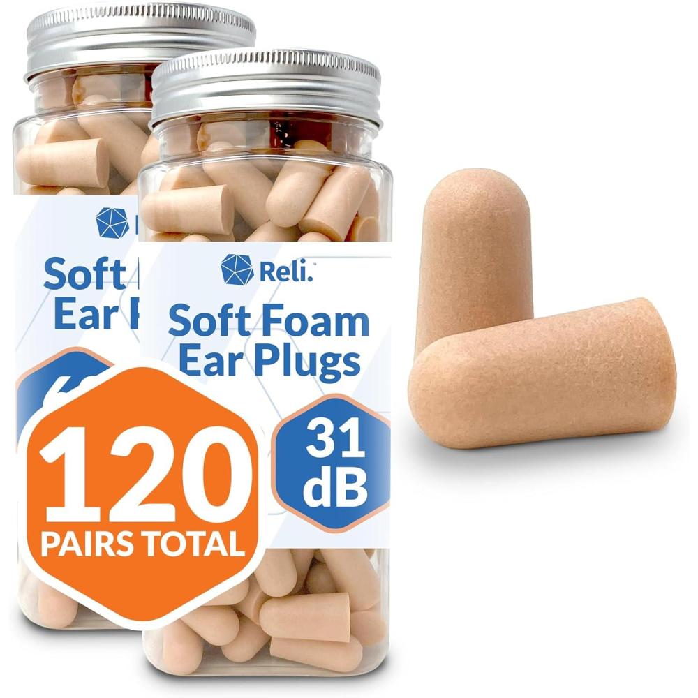 image:imageReli Foam Ear Plugs 120 Pairs Bulk 31 dB NRR  Disposable Foam Ear Plugs for Sleeping Noise Cancelling  Blocks Loud Snoring Concerts Travel Noise Reduction Peach