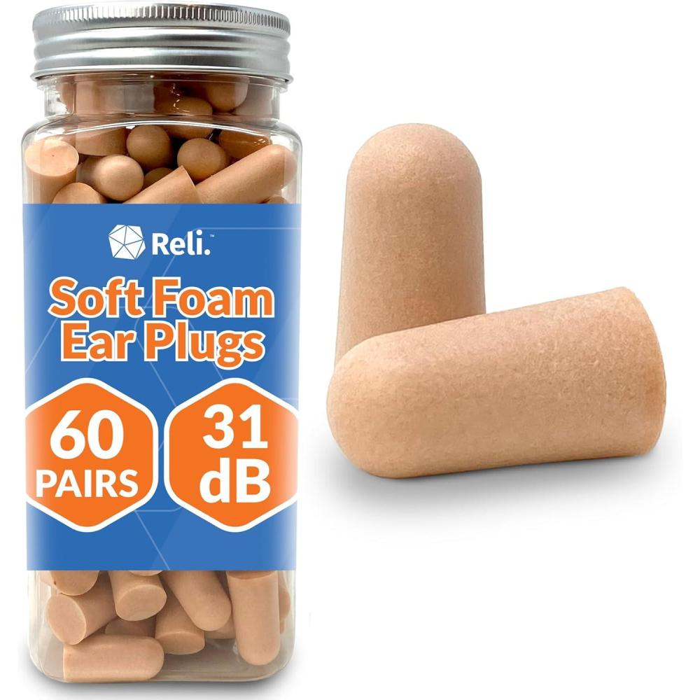 image:imageReli Foam Ear Plugs 60 Pairs 31 dB NRR  Disposable Foam Ear Plugs for Sleeping Noise Cancelling  Blocks Loud Snoring Concerts Travel Noise Reduction Peach