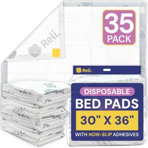 Reli. Disposable Bed Pads (35 Pack) | 30″ x 36″ | XL Bed Pads Disposable Adult Incontinence Sheets w/ Non-Slip Adhesives | Absorbent Peepads for Adults, Seniors, Puppy