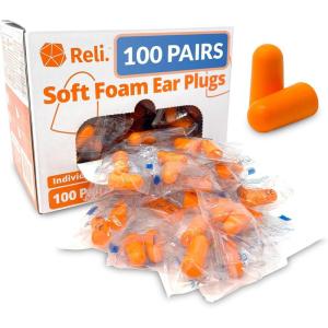 Reli. Foam Ear Plugs (100 Pairs Bulk), Individually Wrapped | 31 dB NRR | Disposable Foam Ear Plugs for Sleeping Noise Cancelling | Blocks Loud Noises for Snoring, Concerts, Travel (Peach)(1 pair (Pack of 100))