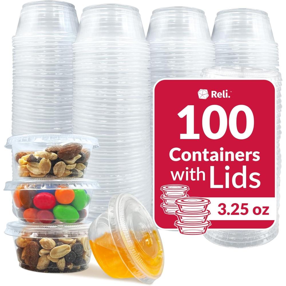 image:imageReli 325 oz Condiment Containers with Lids 100 sets Ideal for Sauce Souffle Samples Jello Shot Cups Disposable BPAFree Plastic Small Containers 325oz Bulk