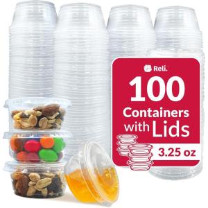 Reli. 3.25 oz Condiment Containers with Lids (100 sets) | Ideal for Sauce, Souffle, Samples, Jello Shot Cups | Disposable, BPA-Free Plastic | Small Containers 3.25oz, Bulk